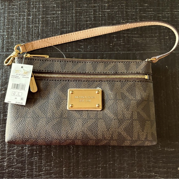 Michael Kors Zip Around Mini Wristlet Clutch Brown Gold Logo Signature MK NWT - Picture 1 of 5